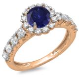 1.35 Carat (ctw) 14K Rose Gold Round Cut Blue Sapphire & White Diamond Ladies Bridal Cluster Halo Style Engagement Ring