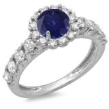 1.35 Carat (ctw) 14K White Gold Round Cut Blue Sapphire & White Diamond Ladies Bridal Cluster Halo Style Engagement Ring