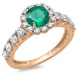1.35 Carat (ctw) 14K Rose Gold Round Cut Green Emerald & White Diamond Ladies Bridal Cluster Halo Style Engagement Ring