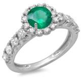 1.35 Carat (ctw) 14K White Gold Round Cut Green Emerald & White Diamond Ladies Bridal Cluster Halo Style Engagement Ring