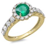1.35 Carat (ctw) 14K Yellow Gold Round Cut Green Emerald & White Diamond Ladies Bridal Cluster Halo Style Engagement Ring