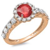 1.35 Carat (ctw) 10K Rose Gold Round Cut Red Ruby & White Diamond Ladies Bridal Cluster Halo Style Engagement Ring