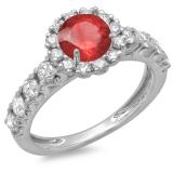 1.35 Carat (ctw) 14K White Gold Round Cut Red Ruby & White Diamond Ladies Bridal Cluster Halo Style Engagement Ring