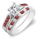 1.00 Carat (ctw) 10k White Gold Princess & Round Cut White Diamond & Red Ruby Ladies Bridal Engagement Ring Set With Matching Band 1 CT