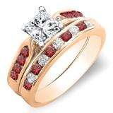 1.00 Carat (ctw) 14k Rose Gold Princess & Round Cut White Diamond & Red Ruby Ladies Bridal Engagement Ring Set With Matching Band 1 CT