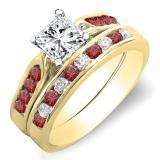 1.00 Carat (ctw) 14k Yellow Gold Princess & Round Cut White Diamond & Red Ruby Ladies Bridal Engagement Ring Set With Matching Band 1 CT
