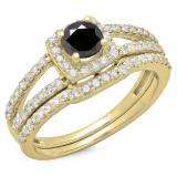 1.00 Carat (ctw) 10K Yellow Gold Round White & Black Diamond Ladies Split Shank Halo Bridal Engagement Ring With Matching Band Set 1 CT
