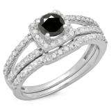 1.00 Carat (ctw) 18K White Gold Round White & Black Diamond Ladies Split Shank Halo Bridal Engagement Ring With Matching Band Set 1 CT