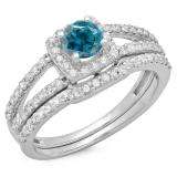 1.00 Carat (ctw) 14K White Gold Round White & Blue Diamond Ladies Split Shank Halo Bridal Engagement Ring With Matching Band Set 1 CT