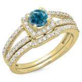 1.00 Carat (ctw) 14K Yellow Gold Round White & Blue Diamond Ladies Split Shank Halo Bridal Engagement Ring With Matching Band Set 1 CT