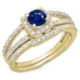 1.00 Carat (ctw) 10K Yellow Gold Round Blue Sapphire & White Diamond Ladies Split Shank Halo Bridal Engagement Ring With Matching Band Set 1 CT