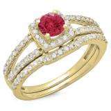 1.00 Carat (ctw) 14K Yellow Gold Round Red Ruby & White Diamond Ladies Split Shank Halo Bridal Engagement Ring With Matching Band Set 1 CT