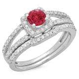 1.00 Carat (ctw) 18K White Gold Round Red Ruby & White Diamond Ladies Split Shank Halo Bridal Engagement Ring With Matching Band Set 1 CT
