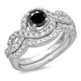 1.75 Carat (ctw) 10K White Gold Round White & Black Diamond Ladies Swirl Bridal Halo Engagement Ring With Matching Band Set 1 3/4 CT