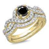 1.75 Carat (ctw) 10K Yellow Gold Round White & Black Diamond Ladies Swirl Bridal Halo Engagement Ring With Matching Band Set 1 3/4 CT