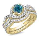 1.75 Carat (ctw) 14K Yellow Gold Round White & Blue Diamond Ladies Swirl Bridal Halo Engagement Ring With Matching Band Set 1 3/4 CT