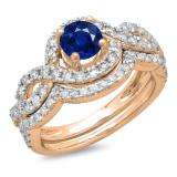 1.75 Carat (ctw) 10K Rose Gold Round Blue Sapphire & White Diamond Ladies Swirl Bridal Halo Engagement Ring With Matching Band Set 1 3/4 CT