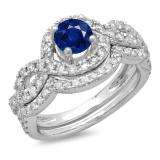 1.75 Carat (ctw) 18K White Gold Round Blue Sapphire & White Diamond Ladies Swirl Bridal Halo Engagement Ring With Matching Band Set 1 3/4 CT
