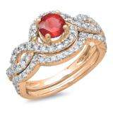 1.75 Carat (ctw) 18K Rose Gold Round Red Ruby & White Diamond Ladies Swirl Bridal Halo Engagement Ring With Matching Band Set 1 3/4 CT