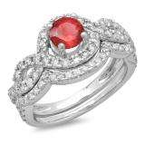 1.75 Carat (ctw) 18K White Gold Round Red Ruby & White Diamond Ladies Swirl Bridal Halo Engagement Ring With Matching Band Set 1 3/4 CT