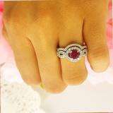 1.75 Carat (ctw) 18K White Gold Round Red Ruby & White Diamond Ladies Swirl Bridal Halo Engagement Ring With Matching Band Set 1 3/4 CT