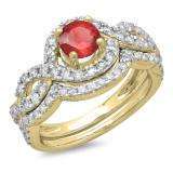 1.75 Carat (ctw) 18K Yellow Gold Round Red Ruby & White Diamond Ladies Swirl Bridal Halo Engagement Ring With Matching Band Set 1 3/4 CT