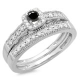 0.50 Carat (ctw) 10K White Gold Round White & Black Diamond Ladies Halo Engagement Bridal Ring With Matching Band Set 1/2 CT
