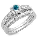 0.50 Carat (ctw) 10K White Gold Round White & Blue Diamond Ladies Halo Engagement Bridal Ring With Matching Band Set 1/2 CT