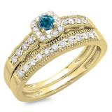 0.50 Carat (ctw) 10K Yellow Gold Round White & Blue Diamond Ladies Halo Engagement Bridal Ring With Matching Band Set 1/2 CT