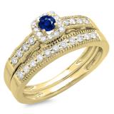 0.50 Carat (ctw) 14K Yellow Gold Round Blue Sapphire & White Diamond Ladies Halo Engagement Bridal Ring With Matching Band Set 1/2 CT