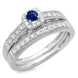 0.50 Carat (ctw) 18K White Gold Round Blue Sapphire & White Diamond Ladies Halo Engagement Bridal Ring With Matching Band Set 1/2 CT