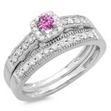 0.50 Carat (ctw) 14K White Gold Round Pink Sapphire & White Diamond Ladies Halo Engagement Bridal Ring With Matching Band Set 1/2 CT