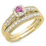 0.50 Carat (ctw) 14K Yellow Gold Round Pink Sapphire & White Diamond Ladies Halo Engagement Bridal Ring With Matching Band Set 1/2 CT