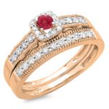 0.50 Carat (ctw) 14K Rose Gold Round Red Ruby & White Diamond Ladies Halo Engagement Bridal Ring With Matching Band Set 1/2 CT