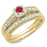 0.50 Carat (ctw) 14K Yellow Gold Round Red Ruby & White Diamond Ladies Halo Engagement Bridal Ring With Matching Band Set 1/2 CT