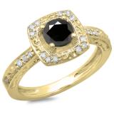 1.00 Carat (ctw) 14K Yellow Gold Round Cut White & Black Diamond Ladies Vintage Style Halo Bridal Engagement Ring 1 CT