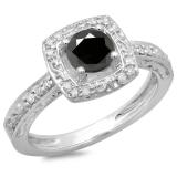 1.00 Carat (ctw) 18K White Gold Round Cut White & Black Diamond Ladies Vintage Style Halo Bridal Engagement Ring 1 CT
