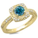1.00 Carat (ctw) 14K Yellow Gold Round Cut White & Blue Diamond Ladies Vintage Style Halo Bridal Engagement Ring 1 CT