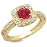1.00 Carat (ctw) 14K Yellow Gold Round Cut Red Ruby & White Diamond Ladies Vintage Style Halo Bridal Engagement Ring 1 CT
