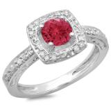 1.00 Carat (ctw) 18K White Gold Round Cut Red Ruby & White Diamond Ladies Vintage Style Halo Bridal Engagement Ring 1 CT