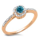 0.45 Carat (ctw) 14K Rose Gold Round Cut Blue & White Diamond Ladies Halo Style Bridal Engagement Ring 1/2 CT