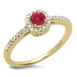0.45 Carat (ctw) 18K Yellow Gold Round Cut Red Ruby & White Diamond Ladies Halo Style Bridal Engagement Ring 1/2 CT
