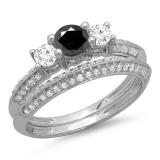 1.05 Carat (ctw) 10K White Gold Round Cut Black & White Diamond Ladies 3 Stone Bridal Engagement Ring With Matching Band Set 1 CT