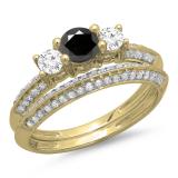 1.05 Carat (ctw) 14K Yellow Gold Round Cut Black & White Diamond Ladies 3 Stone Bridal Engagement Ring With Matching Band Set 1 CT