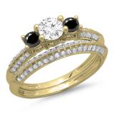 1.05 Carat (ctw) 18K Yellow Gold Round Cut Black & White Diamond Ladies 3 Stone Bridal Engagement Ring With Matching Band Set 1 CT