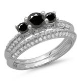 1.05 Carat (ctw) 14K White Gold Round Cut Black & White Diamond Ladies 3 Stone Bridal Engagement Ring With Matching Band Set 1 CT