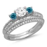 1.05 Carat (ctw) 14K White Gold Round Cut Blue & White Diamond Ladies 3 Stone Bridal Engagement Ring With Matching Band Set 1 CT