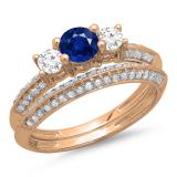 1.05 Carat (ctw) 10K Rose Gold Round Cut Blue Sapphire & White Diamond Ladies 3 Stone Bridal Engagement Ring With Matching Band Set 1 CT