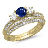 1.05 Carat (ctw) 14K Yellow Gold Round Cut Blue Sapphire & White Diamond Ladies 3 Stone Bridal Engagement Ring With Matching Band Set 1 CT
