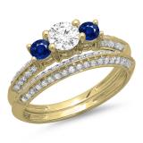 1.05 Carat (ctw) 14K Yellow Gold Round Cut Blue Sapphire & White Diamond Ladies 3 Stone Bridal Engagement Ring With Matching Band Set 1 CT